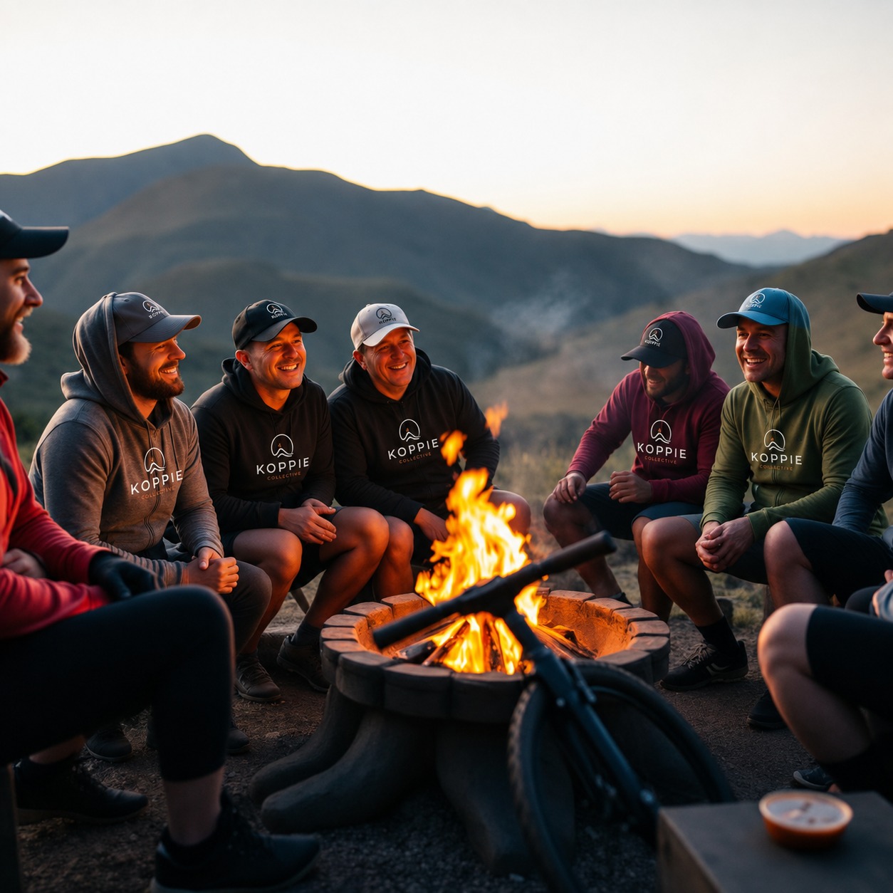 Runners and riders around a braai fire in the mountains at dusk