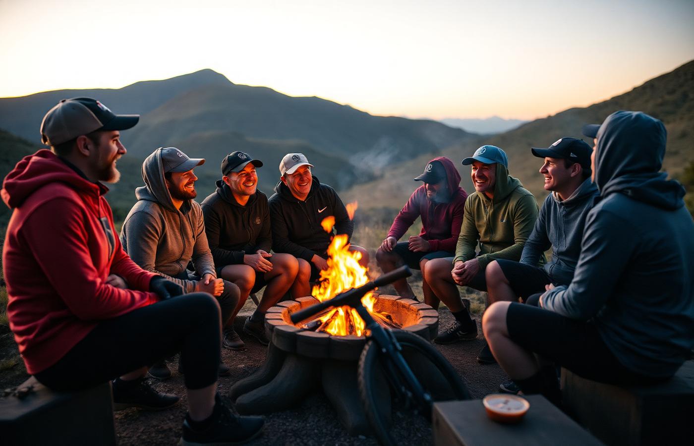 Runners and riders around a braai fire in the mountains at dusk